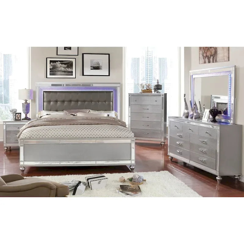 Upholstered Bed with LED - Tufted Headboard, Mirror Trim, Faux Leather, 600 lbs, Queen/King/Cal King, 3 Colors, Modern Glam