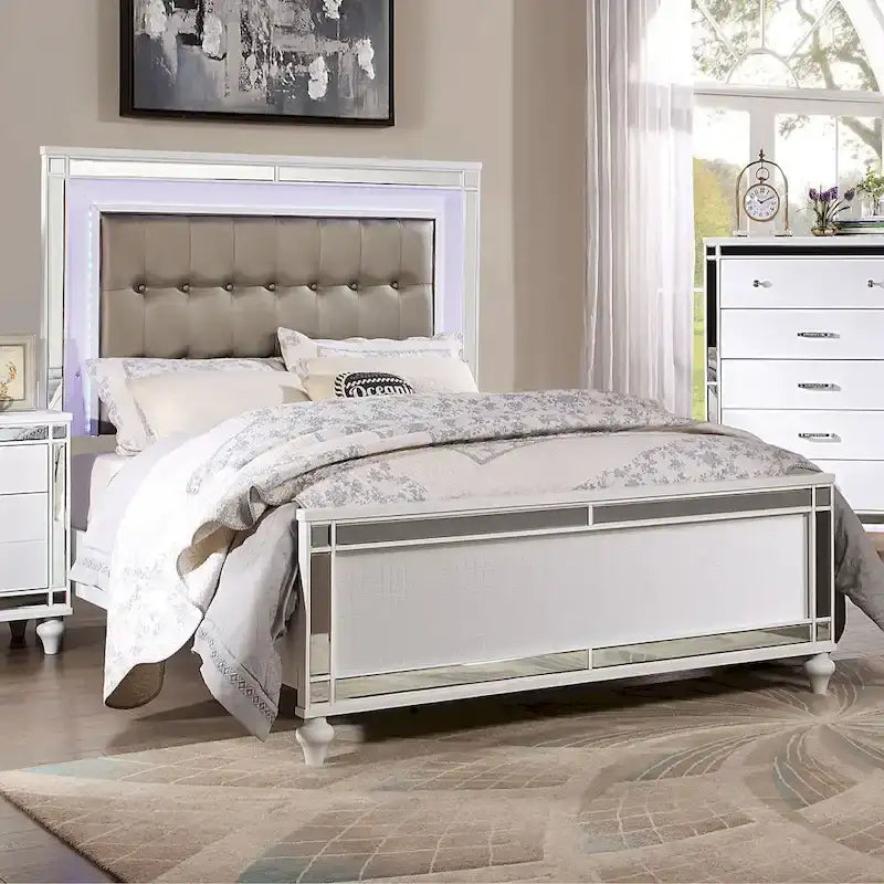 Upholstered Bed with LED - Tufted Headboard, Mirror Trim, Faux Leather, 600 lbs, Queen/King/Cal King, 3 Colors, Modern Glam