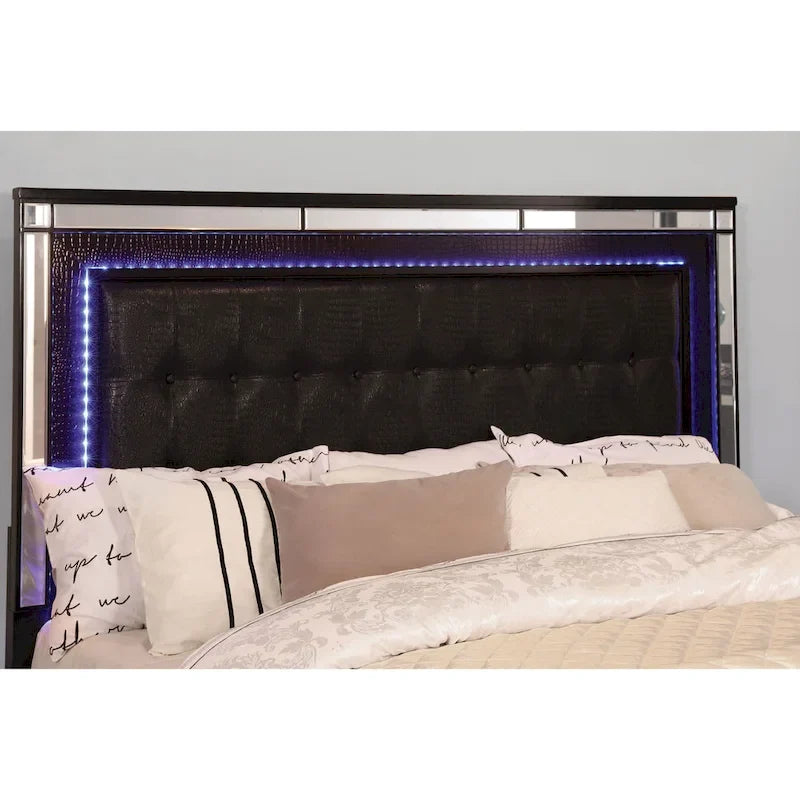 Upholstered Bed with LED - Tufted Headboard, Mirror Trim, Faux Leather, 600 lbs, Queen/King/Cal King, 3 Colors, Modern Glam