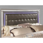 Upholstered Bed with LED - Tufted Headboard, Mirror Trim, Faux Leather, 600 lbs, Queen/King/Cal King, 3 Colors, Modern Glam