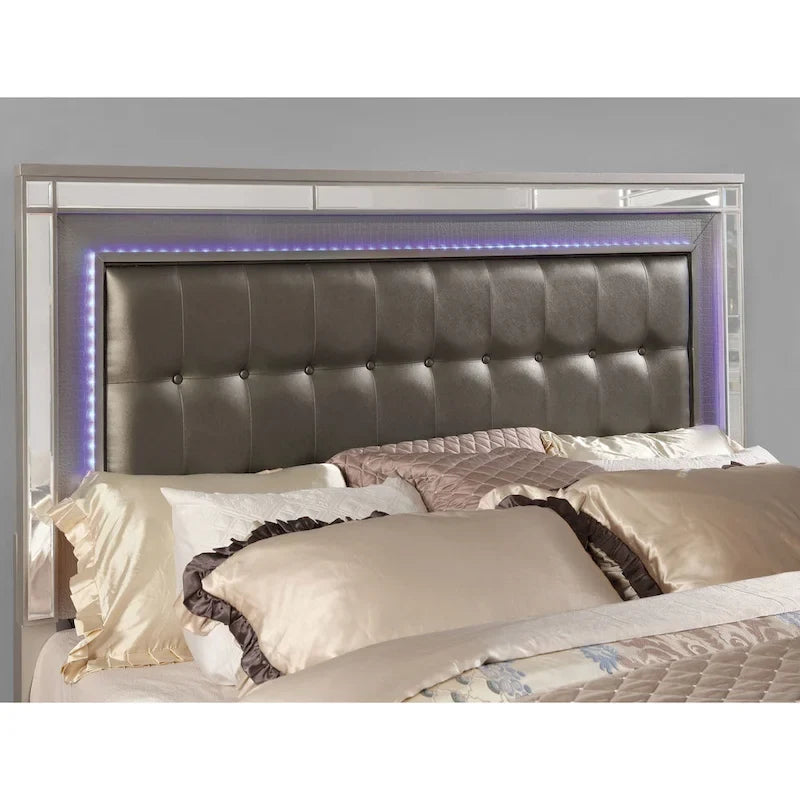 Upholstered Bed with LED - Tufted Headboard, Mirror Trim, Faux Leather, 600 lbs, Queen/King/Cal King, 3 Colors, Modern Glam