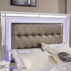 Upholstered Bed with LED - Tufted Headboard, Mirror Trim, Faux Leather, 600 lbs, Queen/King/Cal King, 3 Colors, Modern Glam