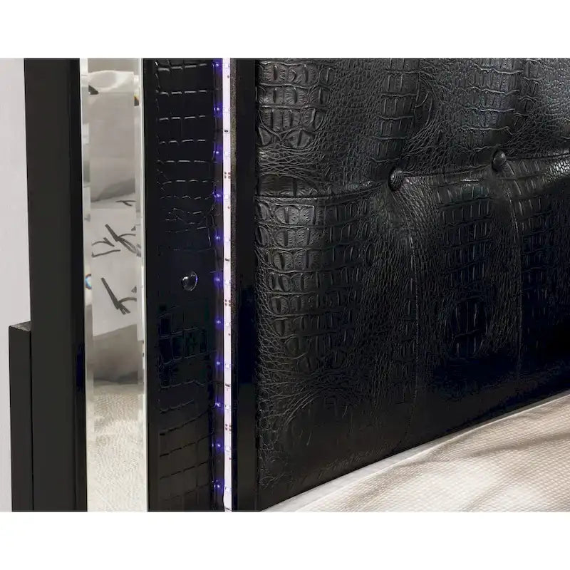 Upholstered Bed with LED - Tufted Headboard, Mirror Trim, Faux Leather, 600 lbs, Queen/King/Cal King, 3 Colors, Modern Glam