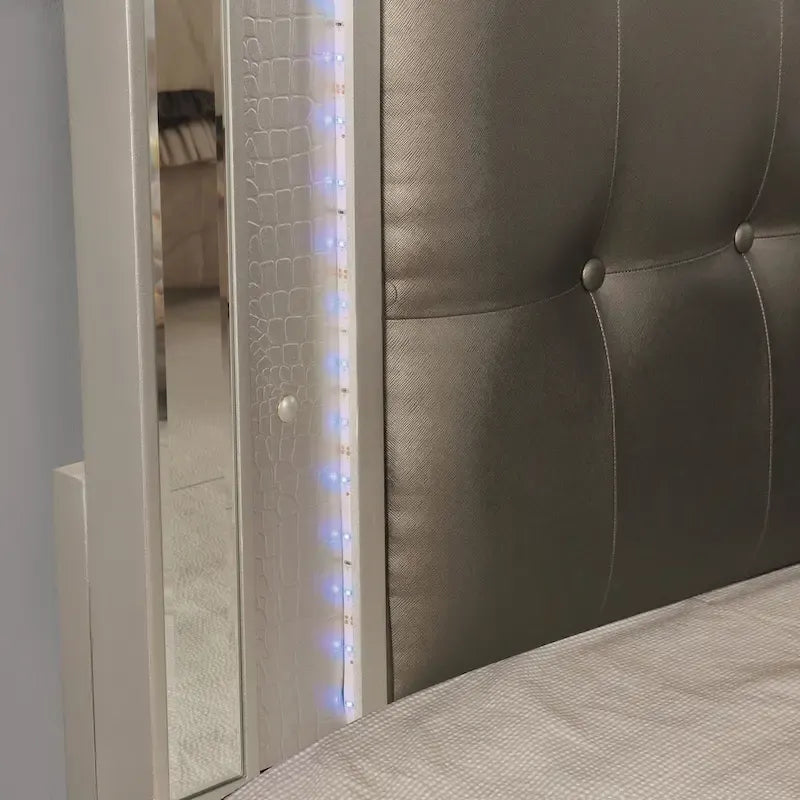 Upholstered Bed with LED - Tufted Headboard, Mirror Trim, Faux Leather, 600 lbs, Queen/King/Cal King, 3 Colors, Modern Glam