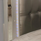 Upholstered Bed with LED - Tufted Headboard, Mirror Trim, Faux Leather, 600 lbs, Queen/King/Cal King, 3 Colors, Modern Glam