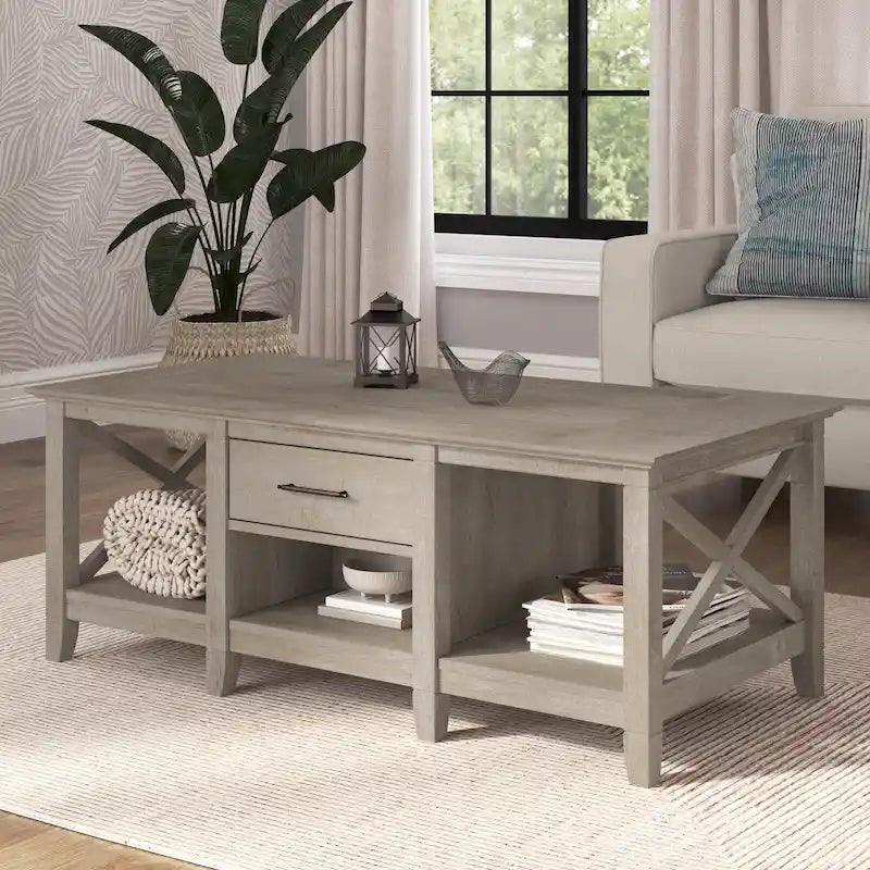 Coffee Table with Storage - 47"W x 24"D x 18"H, 2 Drawers, X Pattern, 50 lbs Capacity, 8 Colors, Coastal Farmhouse