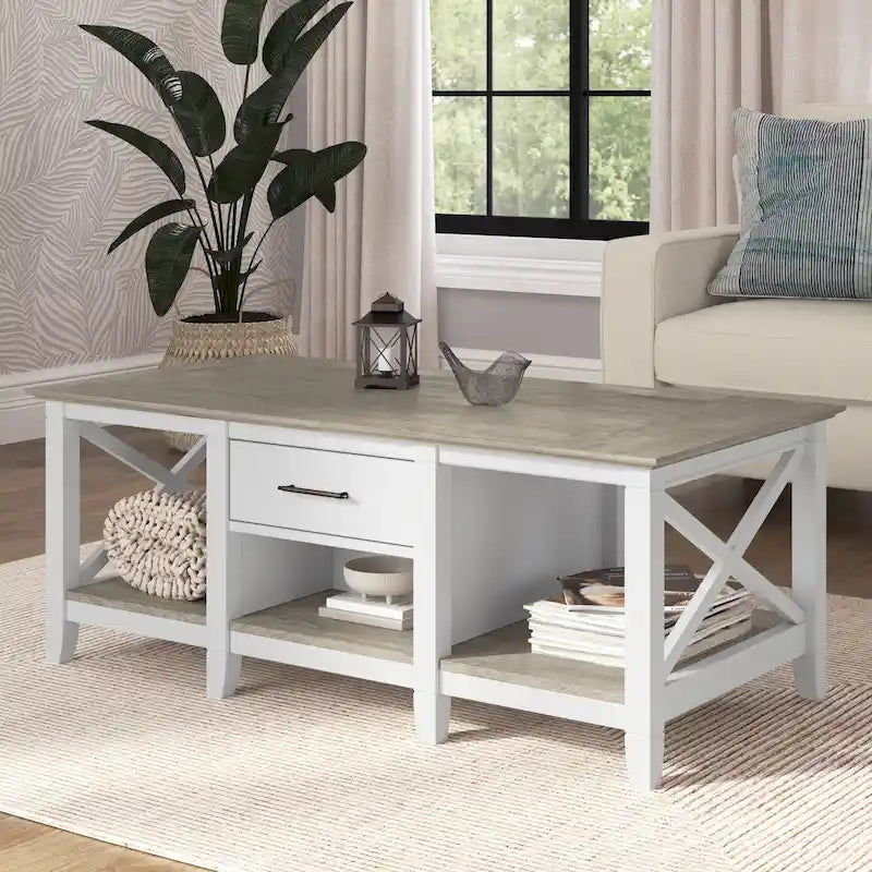 Coffee Table with Storage - 47"W x 24"D x 18"H, 2 Drawers, X Pattern, 50 lbs Capacity, 8 Colors, Coastal Farmhouse
