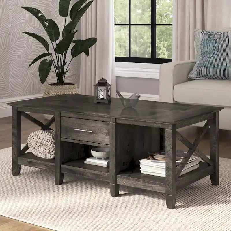 Coffee Table with Storage - 47"W x 24"D x 18"H, 2 Drawers, X Pattern, 50 lbs Capacity, 8 Colors, Coastal Farmhouse