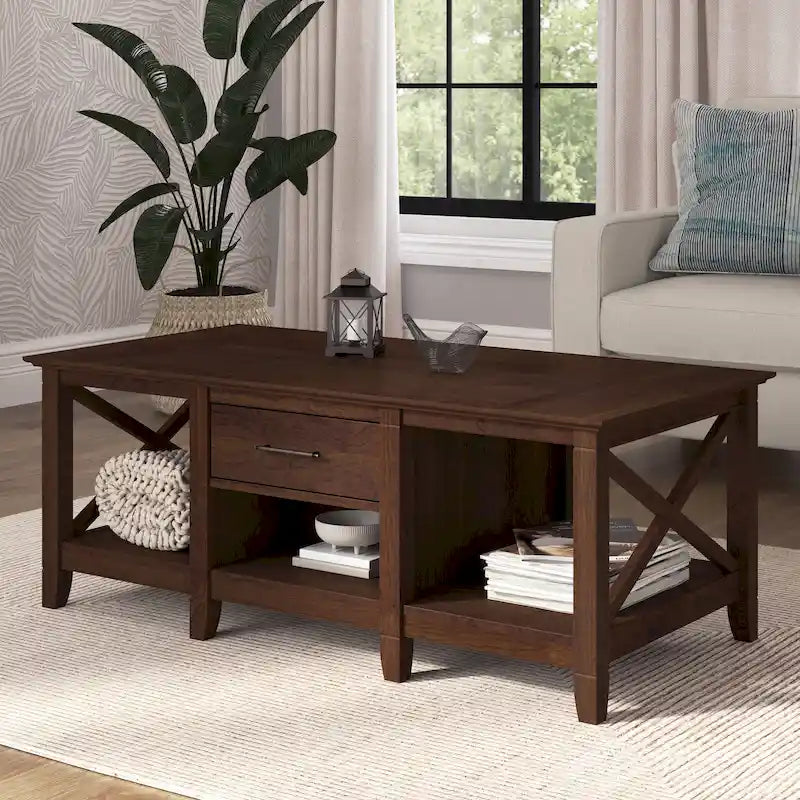 Coffee Table with Storage - 47"W x 24"D x 18"H, 2 Drawers, X Pattern, 50 lbs Capacity, 8 Colors, Coastal Farmhouse