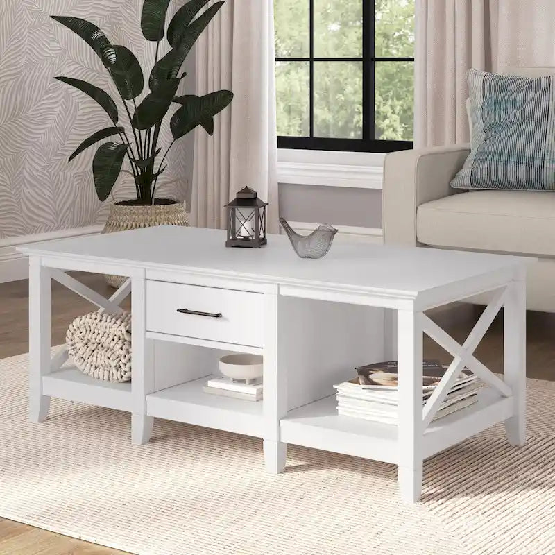 Coffee Table with Storage - 47"W x 24"D x 18"H, 2 Drawers, X Pattern, 50 lbs Capacity, 8 Colors, Coastal Farmhouse