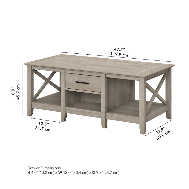 Coffee Table with Storage - 47"W x 24"D x 18"H, 2 Drawers, X Pattern, 50 lbs Capacity, 8 Colors, Coastal Farmhouse