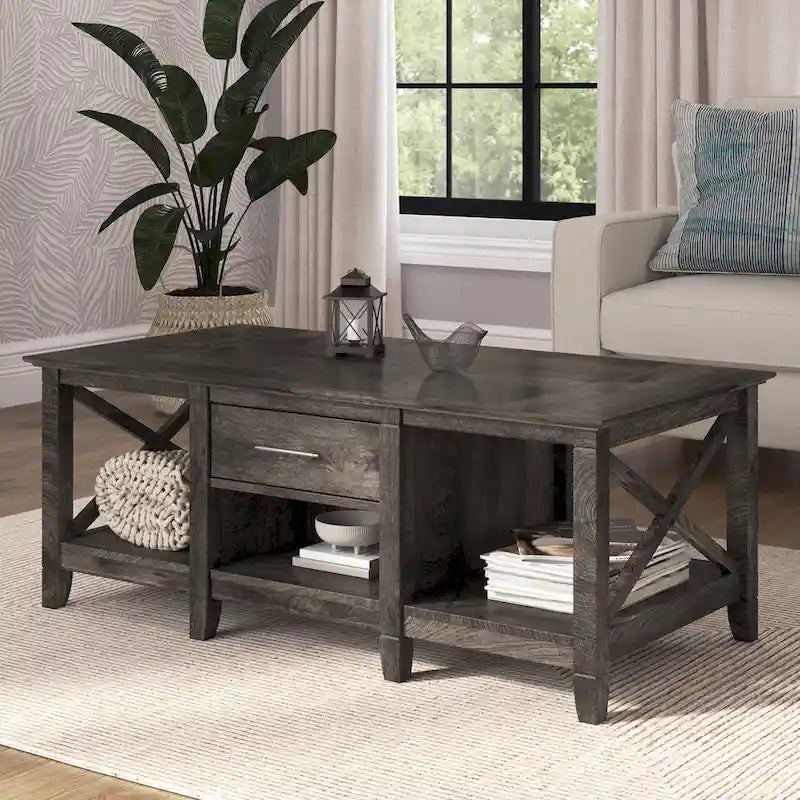 Coffee Table with Storage - 47"W x 24"D x 18"H, 2 Drawers, X Pattern, 50 lbs Capacity, 8 Colors, Coastal Farmhouse