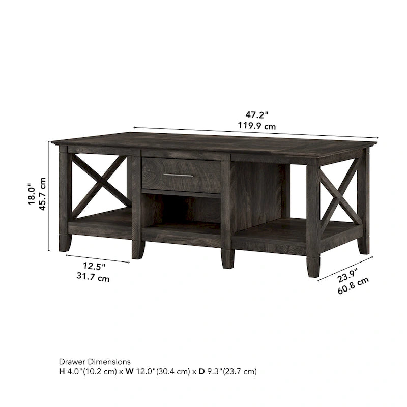 Coffee Table with Storage - 47"W x 24"D x 18"H, 2 Drawers, X Pattern, 50 lbs Capacity, 8 Colors, Coastal Farmhouse
