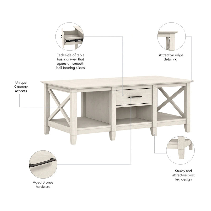 Coffee Table with Storage - 47"W x 24"D x 18"H, 2 Drawers, X Pattern, 50 lbs Capacity, 8 Colors, Coastal Farmhouse