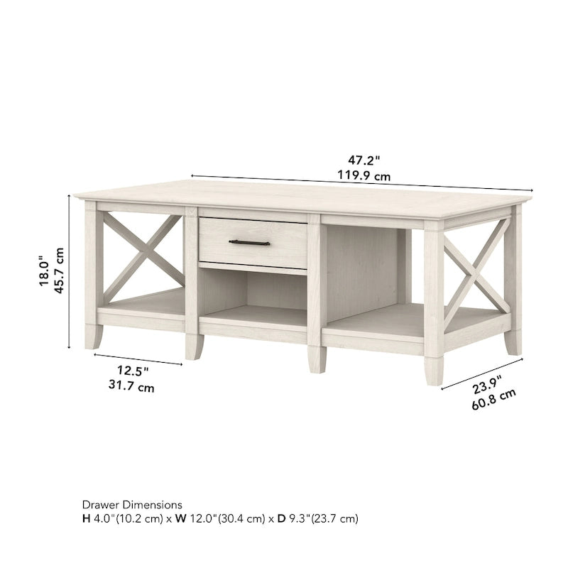 Coffee Table with Storage - 47"W x 24"D x 18"H, 2 Drawers, X Pattern, 50 lbs Capacity, 8 Colors, Coastal Farmhouse