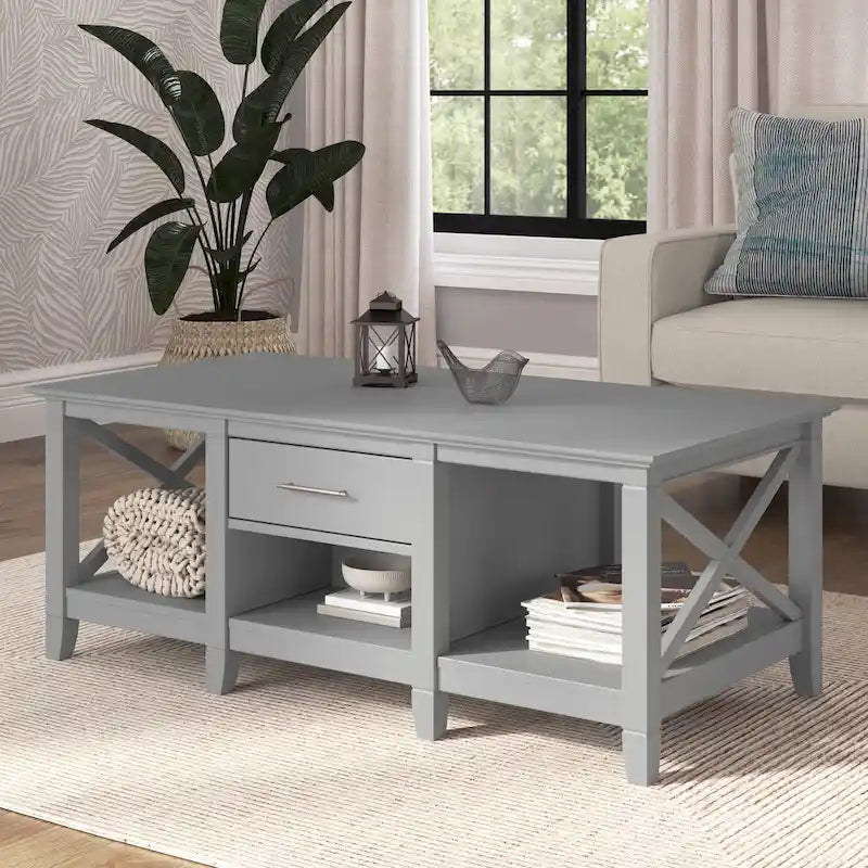 Coffee Table with Storage - 47"W x 24"D x 18"H, 2 Drawers, X Pattern, 50 lbs Capacity, 8 Colors, Coastal Farmhouse