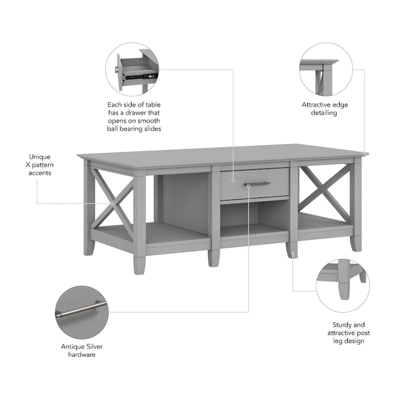 Coffee Table with Storage - 47"W x 24"D x 18"H, 2 Drawers, X Pattern, 50 lbs Capacity, 8 Colors, Coastal Farmhouse