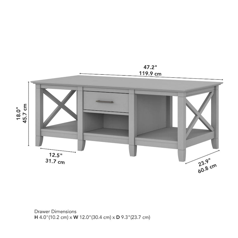 Coffee Table with Storage - 47"W x 24"D x 18"H, 2 Drawers, X Pattern, 50 lbs Capacity, 8 Colors, Coastal Farmhouse