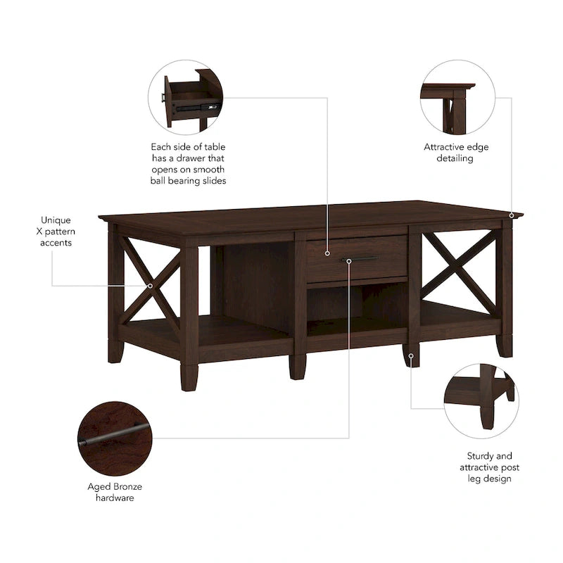 Coffee Table with Storage - 47"W x 24"D x 18"H, 2 Drawers, X Pattern, 50 lbs Capacity, 8 Colors, Coastal Farmhouse