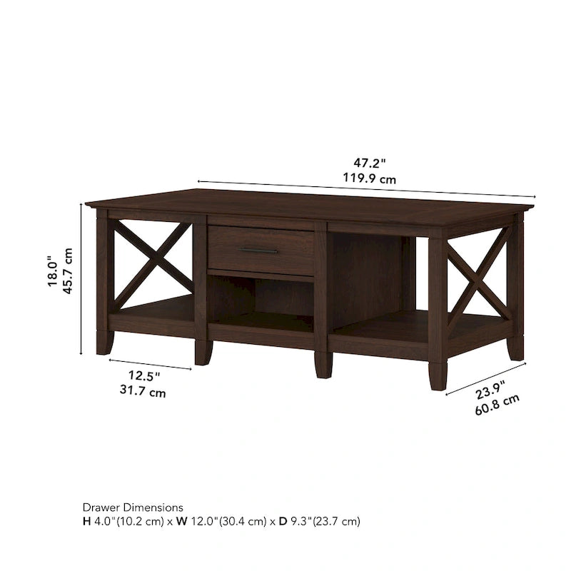 Coffee Table with Storage - 47"W x 24"D x 18"H, 2 Drawers, X Pattern, 50 lbs Capacity, 8 Colors, Coastal Farmhouse