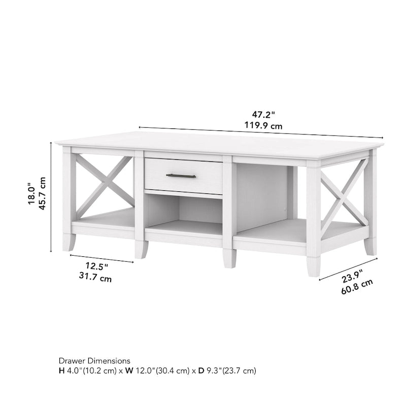 Coffee Table with Storage - 47"W x 24"D x 18"H, 2 Drawers, X Pattern, 50 lbs Capacity, 8 Colors, Coastal Farmhouse