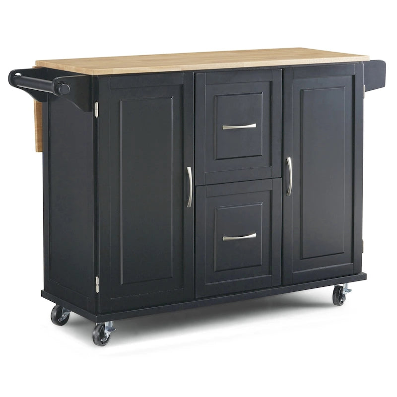 Kitchen Cart - Wood, Drop Leaf, Lockable Casters, Natural Maple Top, Storage, Black, Mobile