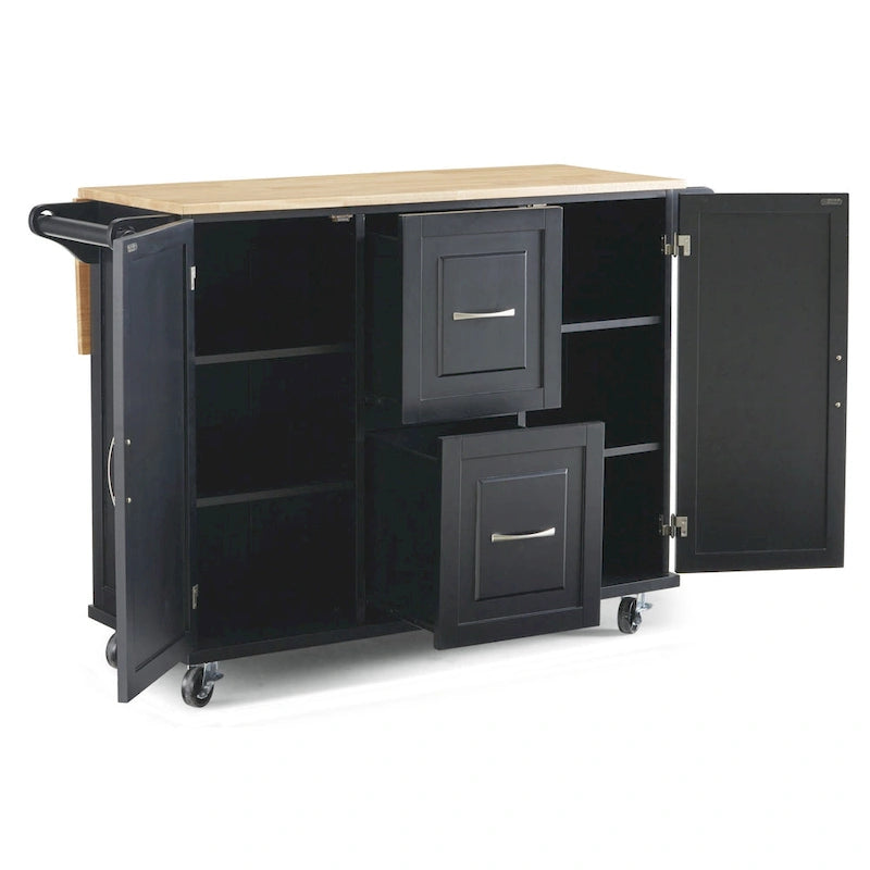 Kitchen Cart - Wood, Drop Leaf, Lockable Casters, Natural Maple Top, Storage, Black, Mobile