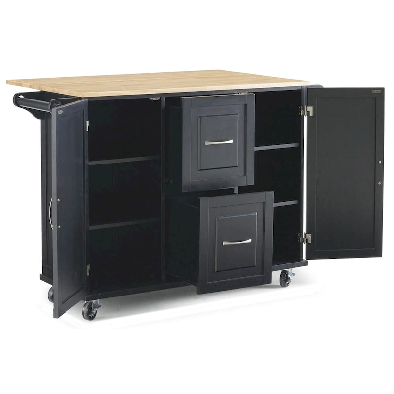 Kitchen Cart - Wood, Drop Leaf, Lockable Casters, Natural Maple Top, Storage, Black, Mobile
