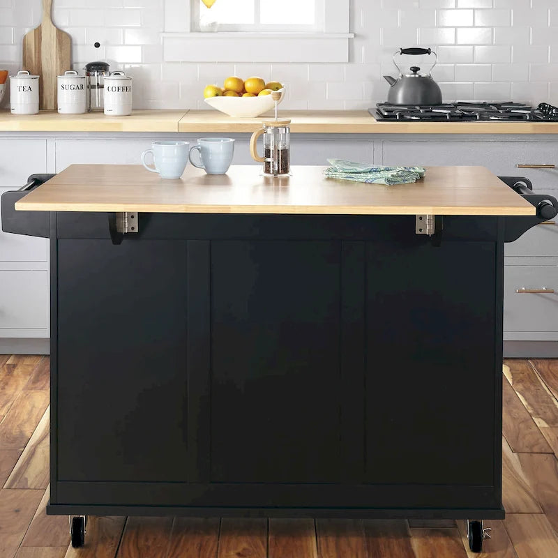 Kitchen Cart - Wood, Drop Leaf, Lockable Casters, Natural Maple Top, Storage, Black, Mobile