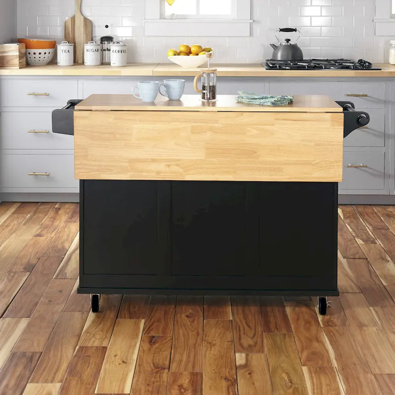 Kitchen Cart - Wood, Drop Leaf, Lockable Casters, Natural Maple Top, Storage, Black, Mobile