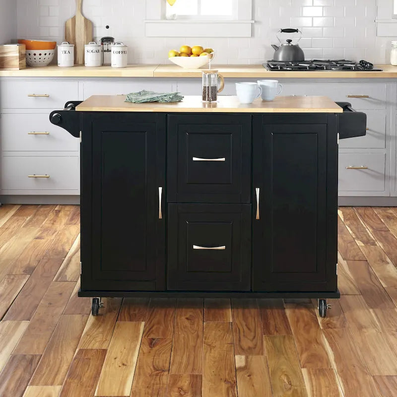 Kitchen Cart - Wood, Drop Leaf, Lockable Casters, Natural Maple Top, Storage, Black, Mobile