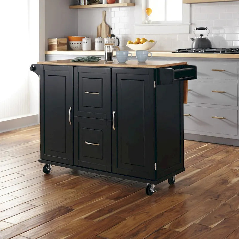 Kitchen Cart - Wood, Drop Leaf, Lockable Casters, Natural Maple Top, Storage, Black, Mobile