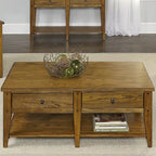 Coffee Table - 48"W x 27"L x 19"H, Oak, 2 Drawers, Planked Top, Tapered Legs, Antique Brass Hardware, Rectangular