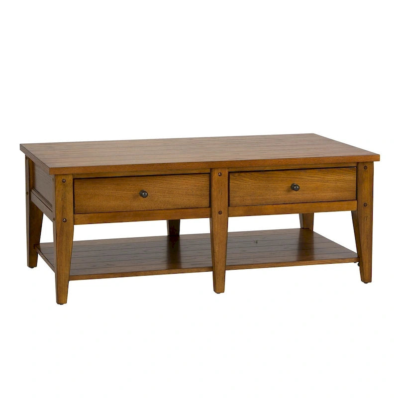 Coffee Table - 48"W x 27"L x 19"H, Oak, 2 Drawers, Planked Top, Tapered Legs, Antique Brass Hardware, Rectangular