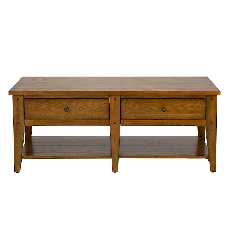 Coffee Table - 48"W x 27"L x 19"H, Oak, 2 Drawers, Planked Top, Tapered Legs, Antique Brass Hardware, Rectangular
