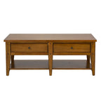 Coffee Table - 48"W x 27"L x 19"H, Oak, 2 Drawers, Planked Top, Tapered Legs, Antique Brass Hardware, Rectangular