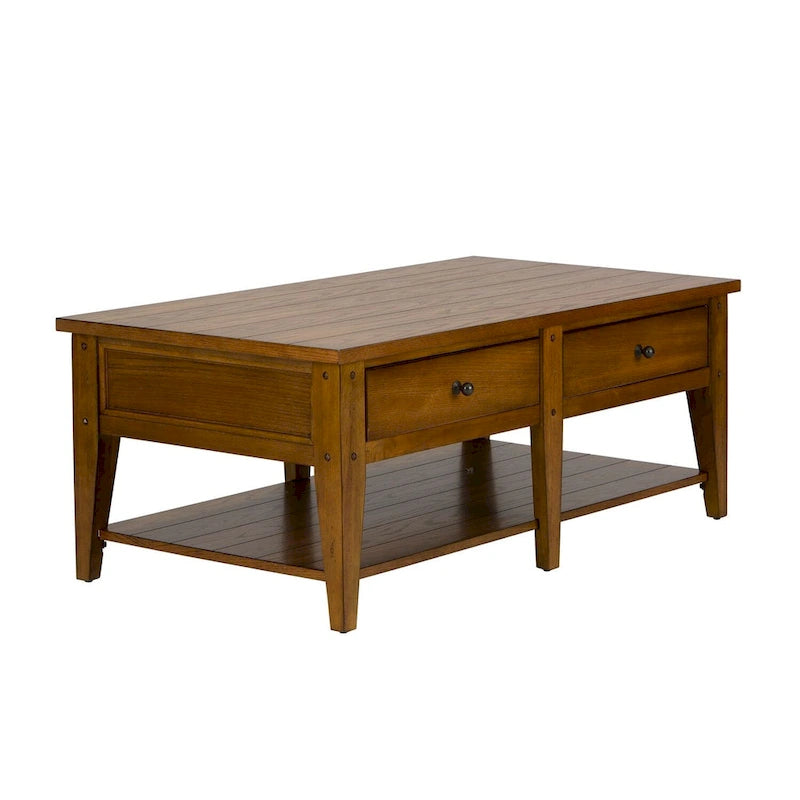 Coffee Table - 48"W x 27"L x 19"H, Oak, 2 Drawers, Planked Top, Tapered Legs, Antique Brass Hardware, Rectangular