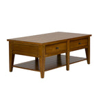 Coffee Table - 48"W x 27"L x 19"H, Oak, 2 Drawers, Planked Top, Tapered Legs, Antique Brass Hardware, Rectangular