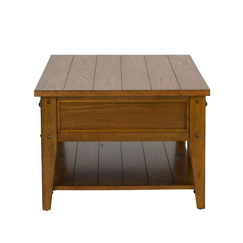 Coffee Table - 48"W x 27"L x 19"H, Oak, 2 Drawers, Planked Top, Tapered Legs, Antique Brass Hardware, Rectangular