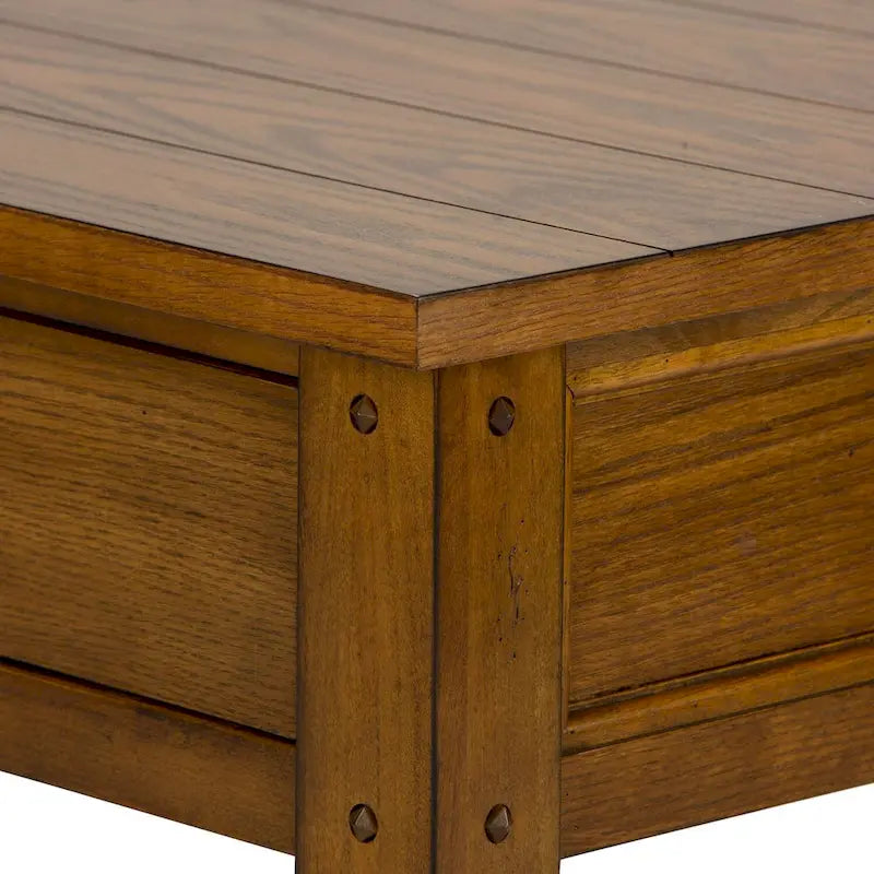 Coffee Table - 48"W x 27"L x 19"H, Oak, 2 Drawers, Planked Top, Tapered Legs, Antique Brass Hardware, Rectangular