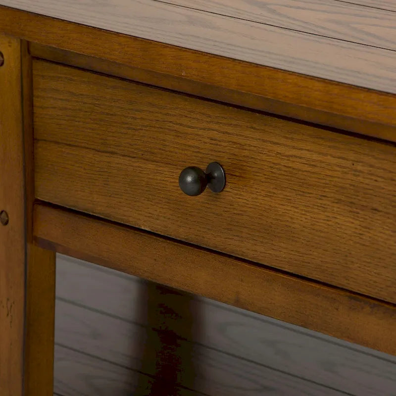 Coffee Table - 48"W x 27"L x 19"H, Oak, 2 Drawers, Planked Top, Tapered Legs, Antique Brass Hardware, Rectangular