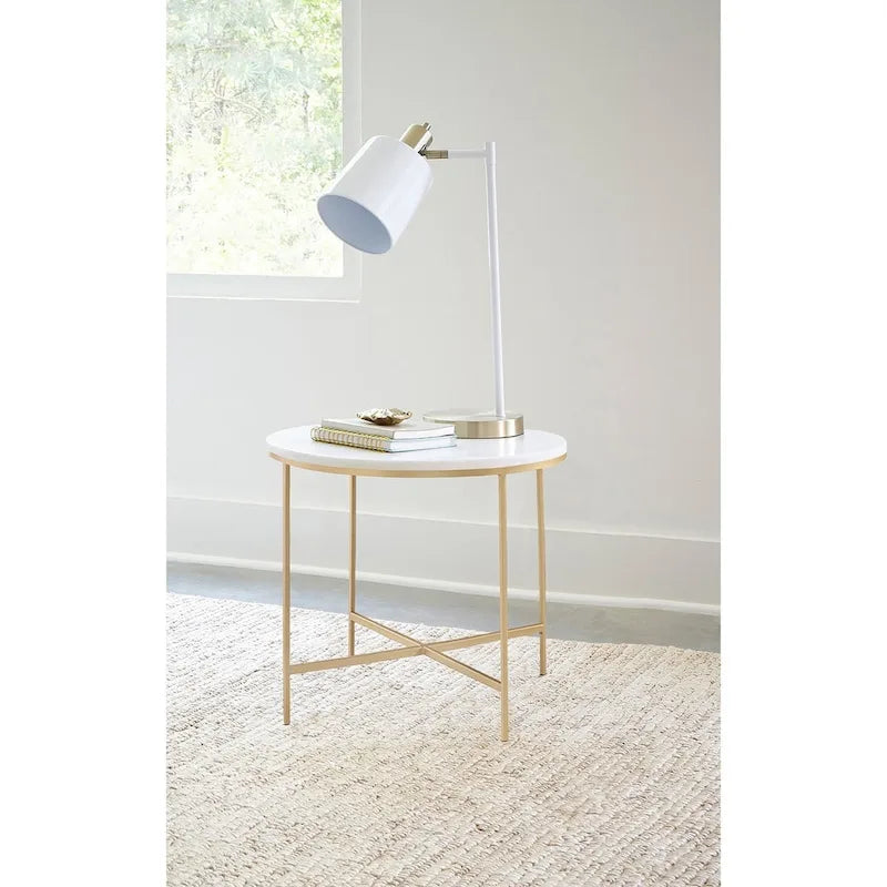 Round End Table - Faux Marble Top, Gold Metal Legs, White/Gold, Handcrafted, Elegant Design, Side Table, Living Room
