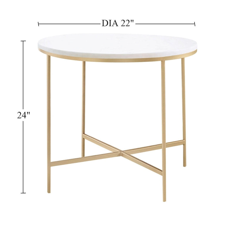 Round End Table - Faux Marble Top, Gold Metal Legs, White/Gold, Handcrafted, Elegant Design, Side Table, Living Room