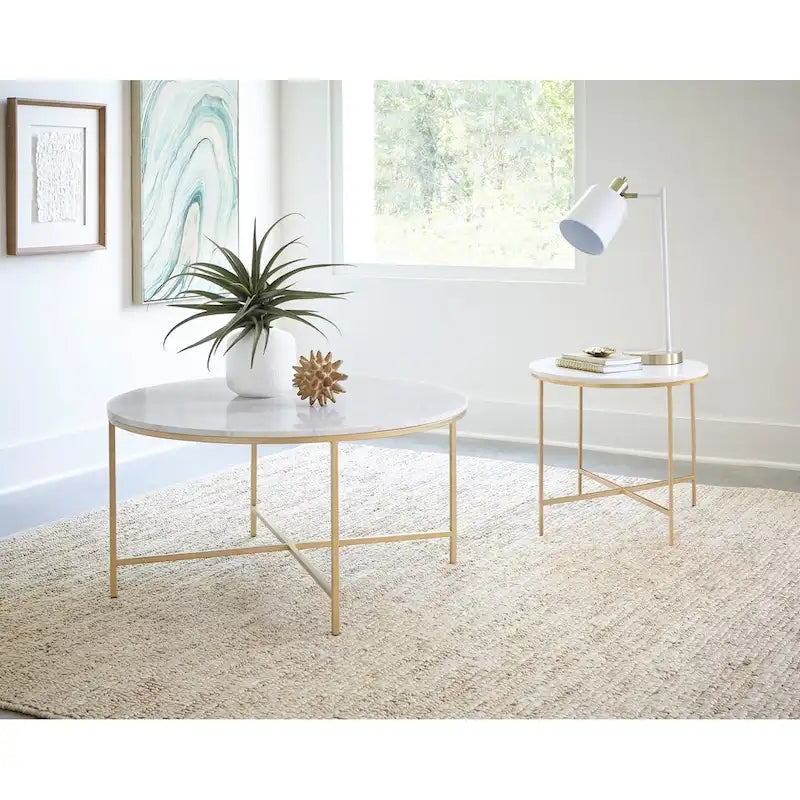 Round End Table - Faux Marble Top, Gold Metal Legs, White/Gold, Handcrafted, Elegant Design, Side Table, Living Room