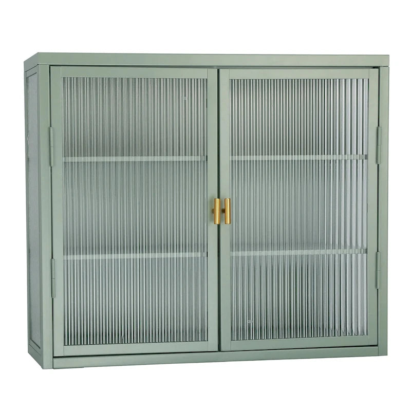 Glass Door Wall Cabinet - 3-Tier Shelves, Fluted Glass, Steel Frame, Wall/Floor Mount, 33 lbs Capacity, Retro Style