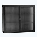 Glass Door Wall Cabinet - 3-Tier Shelves, Fluted Glass, Steel Frame, Wall/Floor Mount, 33 lbs Capacity, Retro Style