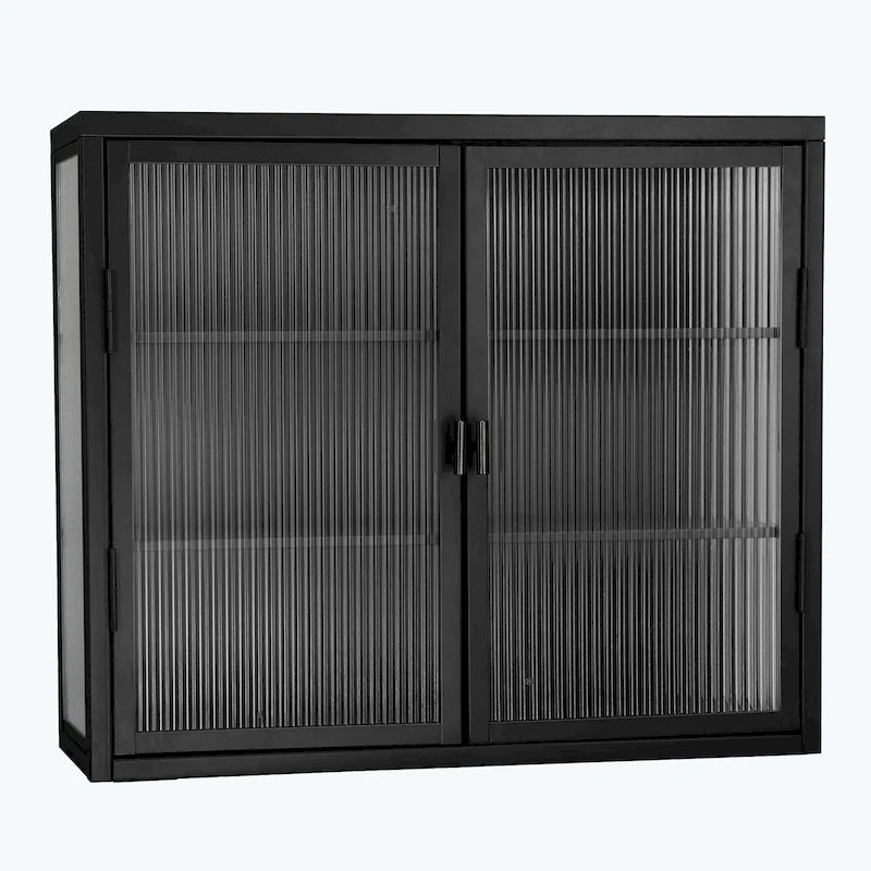 Glass Door Wall Cabinet - 3-Tier Shelves, Fluted Glass, Steel Frame, Wall/Floor Mount, 33 lbs Capacity, Retro Style