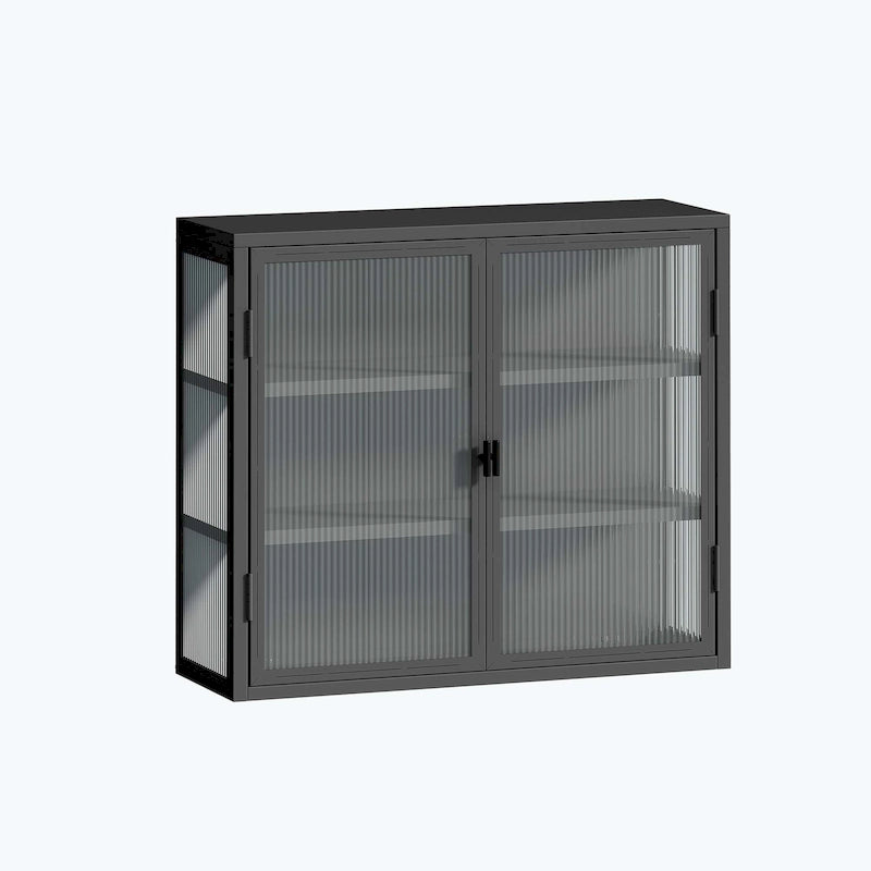Glass Door Wall Cabinet - 3-Tier Shelves, Fluted Glass, Steel Frame, Wall/Floor Mount, 33 lbs Capacity, Retro Style