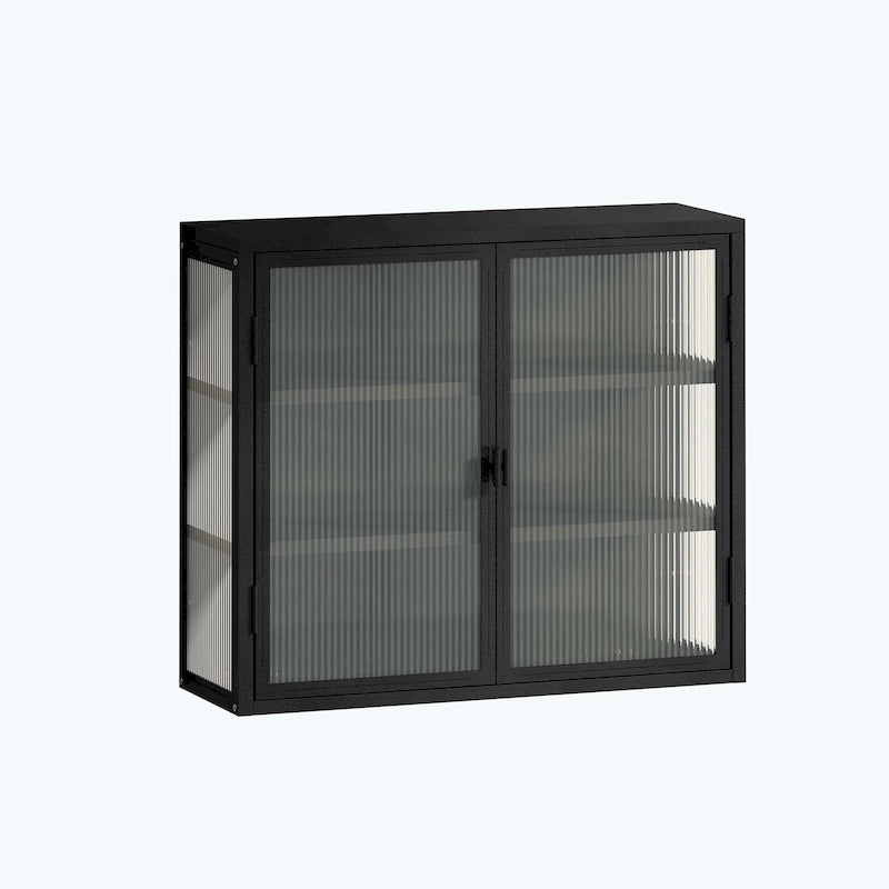 Glass Door Wall Cabinet - 3-Tier Shelves, Fluted Glass, Steel Frame, Wall/Floor Mount, 33 lbs Capacity, Retro Style