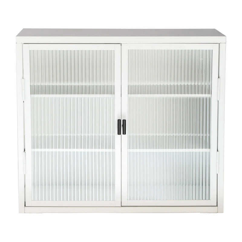 Glass Door Wall Cabinet - 3-Tier Shelves, Fluted Glass, Steel Frame, Wall/Floor Mount, 33 lbs Capacity, Retro Style